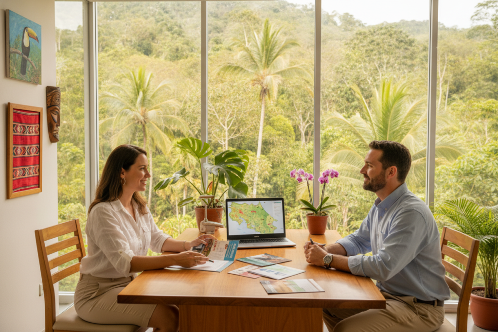 A serene, inviting scene illustrating support for residency in Costa Rica, depicting a stylish office space with large windows overlooking lush tropical greenery. In the foreground, a friendly, casually dressed consultant interacts with a hopeful expatriate, providing guidance on residency options. Bright, natural light floods the room, highlighting vibrant plants and a tasteful selection of Costa Rican art on the walls. In the middle ground, a desk showcases brochures about residency programs and a laptop displaying a detailed map of Costa Rica. The background features soft, blurred views of palm trees swaying gently, creating a relaxed and supportive atmosphere. The image should evoke feelings of encouragement and hope, emphasizing the journey toward residency in a beautiful environment.