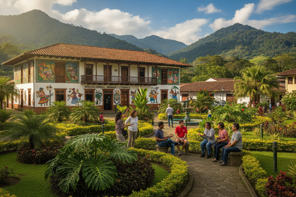 A serene landscape depicting the essence of Costa Rica's immigration and residency landscape. In the foreground, a well-manicured park with diverse tropical plants and trees, providing a welcoming atmosphere. A diverse group of casually dressed individuals (including locals and expatriates) engaged in friendly conversations, symbolizing community and connection. The middle ground features a charming local government building, reflecting architectural styles unique to Costa Rica, with colorful murals representing its cultural heritage. In the background, lush green mountains under a bright blue sky with soft, natural sunlight filtering through fluffy white clouds. The overall mood is inviting and optimistic, capturing the spirit of hope and new beginnings associated with residency in Costa Rica. Photorealistic details emphasize the beauty of the natural surroundings and vibrant local culture.