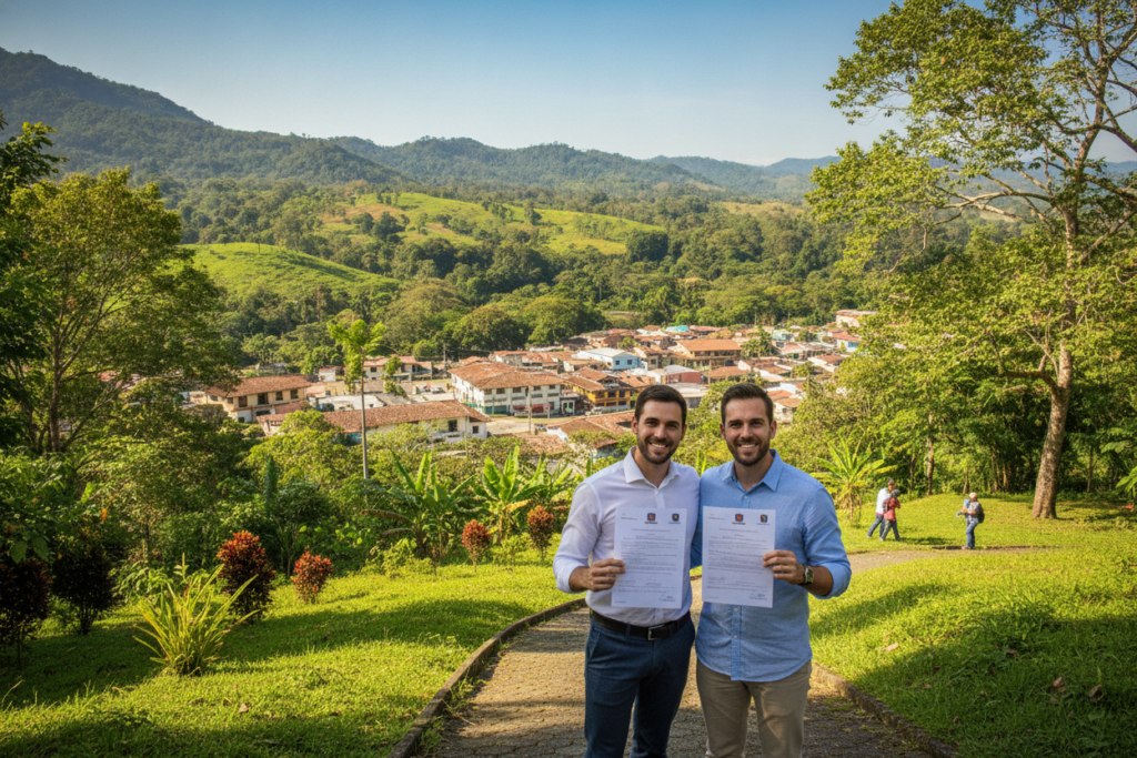A serene landscape representing the key factors for residency in Costa Rica. In the foreground, a professional couple in smart casual clothing, holding documents and smiling, exude optimism. The middle ground features a scenic view of lush green hills and vibrant tropical plants, symbolizing the natural beauty of Costa Rica. A clear blue sky enhances the uplifting mood. In the background, a quaint Costa Rican town with colorful houses and friendly locals going about their day adds a sense of community. Natural lighting casts soft shadows, highlighting the warmth and welcoming nature of the environment. The atmosphere is inviting and hopeful, depicting a bright future for prospective residents. A serene landscape representing the key factors for residency in Costa Rica. In the foreground, a professional couple in smart casual clothing, holding documents and smiling, exude optimism. The middle ground features a scenic view of lush green hills and vibrant tropical plants, symbolizing the natural beauty of Costa Rica. A clear blue sky enhances the uplifting mood. In the background, a quaint Costa Rican town with colorful houses and friendly locals going about their day adds a sense of community. Natural lighting casts soft shadows, highlighting the warmth and welcoming nature of the environment. The atmosphere is inviting and hopeful, depicting a bright future for prospective residents.