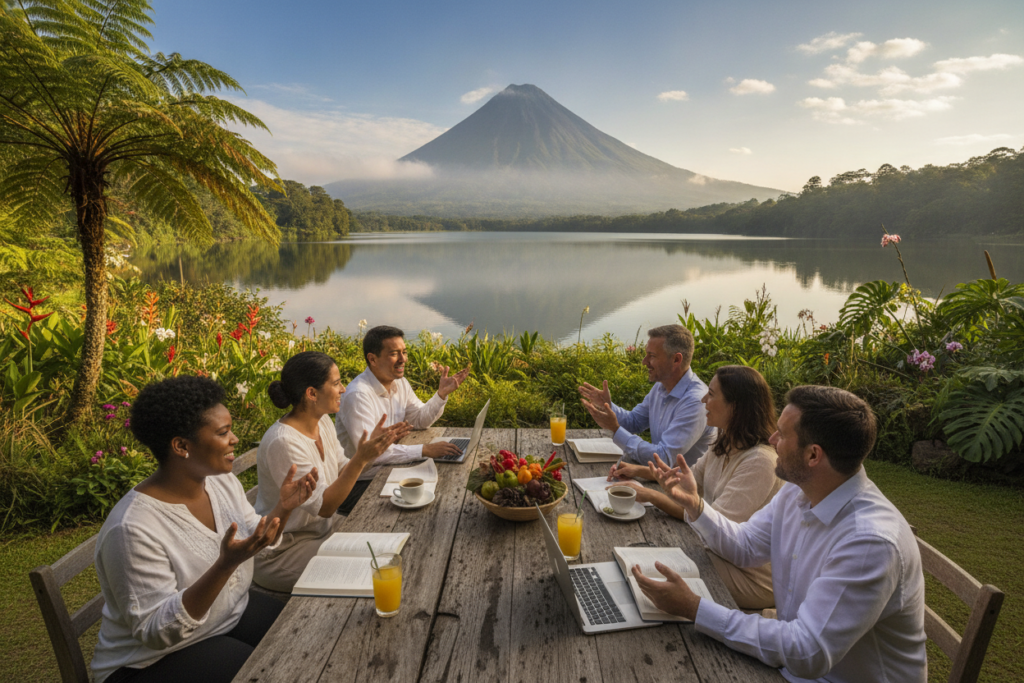 A serene landscape showcasing the essence of Costa Rica's territorial tax model. In the foreground, a diverse group of individuals of various ethnicities, casually dressed in smart casual attire, are engaged in a lively discussion at a rustic wooden table. They are surrounded by lush greenery, vibrant flowers, and the iconic silhouette of a volcano in the distance. The middle ground features a clear, reflective lake symbolizing transparency and harmony in tax policies. In the background, a blue sky with scattered clouds allows natural light to illuminate the scene, casting gentle shadows and creating a warm, inviting atmosphere. The overall mood is collaborative and hopeful, suggesting a journey towards understanding and navigating the complexities of taxes in Costa Rica.