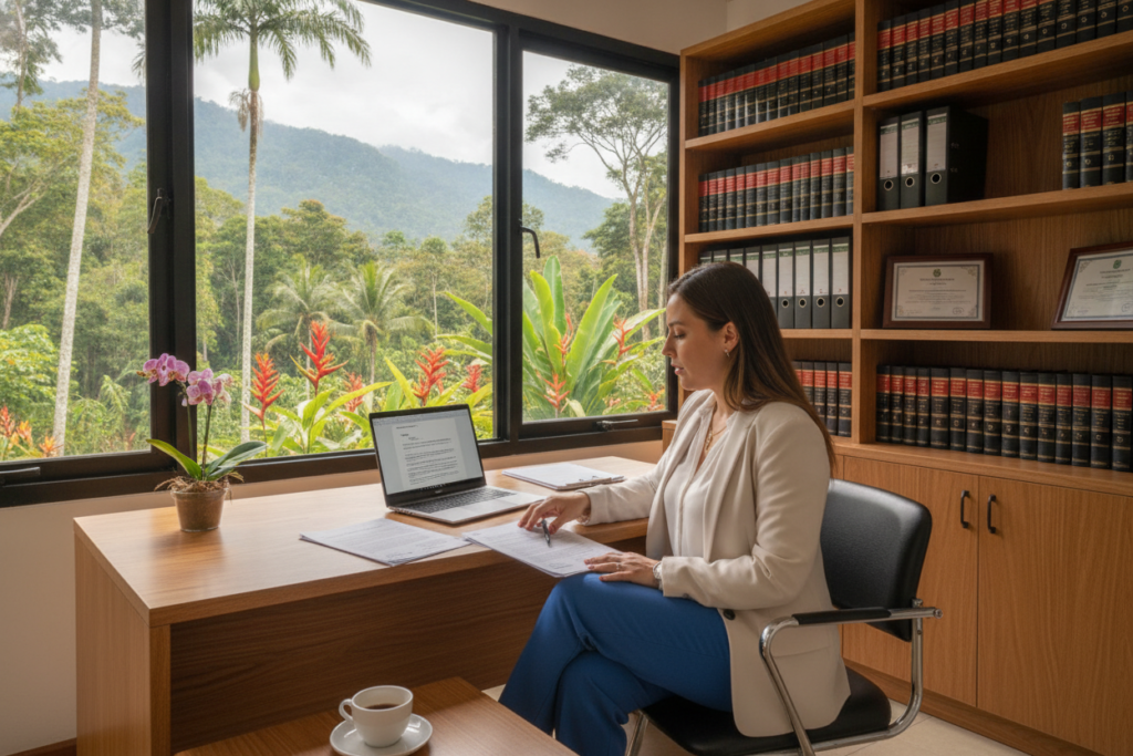 A serene office environment in Costa Rica, showcasing a professional consultant seated at a desk with a laptop, reviewing residency documents. In the foreground, the consultant, dressed in smart business attire, is focused and engaged, illustrating the personalized service offered to clients. The middle ground features a large window with natural light streaming in, revealing a lush tropical landscape outside, complete with palm trees and vibrant flowers, symbolizing the beauty of Costa Rica. The background includes soft shelves with neatly organized files and official documents, conveying a sense of order and efficiency. The atmosphere is calm and reassuring, evoking trust and simplicity in navigating residency processes. The setting is well-lit, capturing the essence of a productive day in a professional workspace.