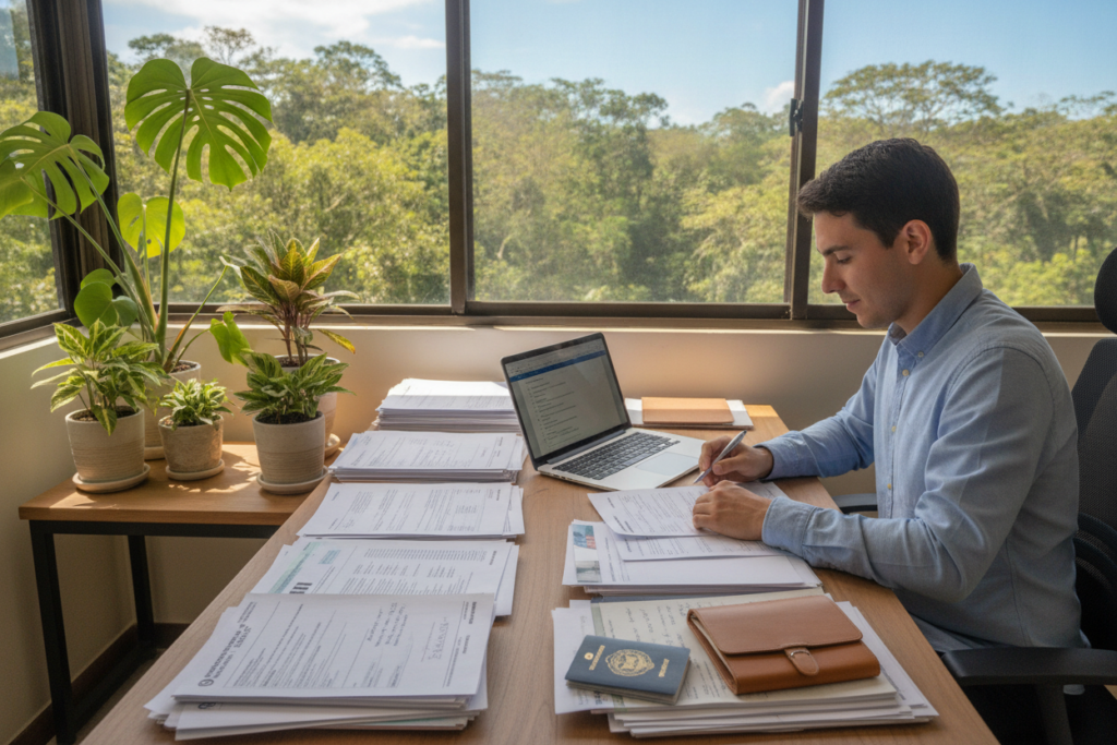 A serene office scene set in Costa Rica, featuring a modern desk cluttered with various residency documents and a laptop displaying a checklist. In the foreground, neatly organized papers, a passport, and a notepad with notes can be seen, emphasizing the preparation process. The middle ground includes a well-lit, inviting workspace with natural light streaming in through a window, showcasing tropical plants outside. In the background, comforting Costa Rican scenery is visible, with lush greenery and a clear blue sky. The mood is focused yet relaxed, representing a sense of professionalism and encouragement. A casually dressed individual, a young adult wearing a smart casual shirt, is thoughtfully reviewing the documents, embodying ease and diligence in their preparation.