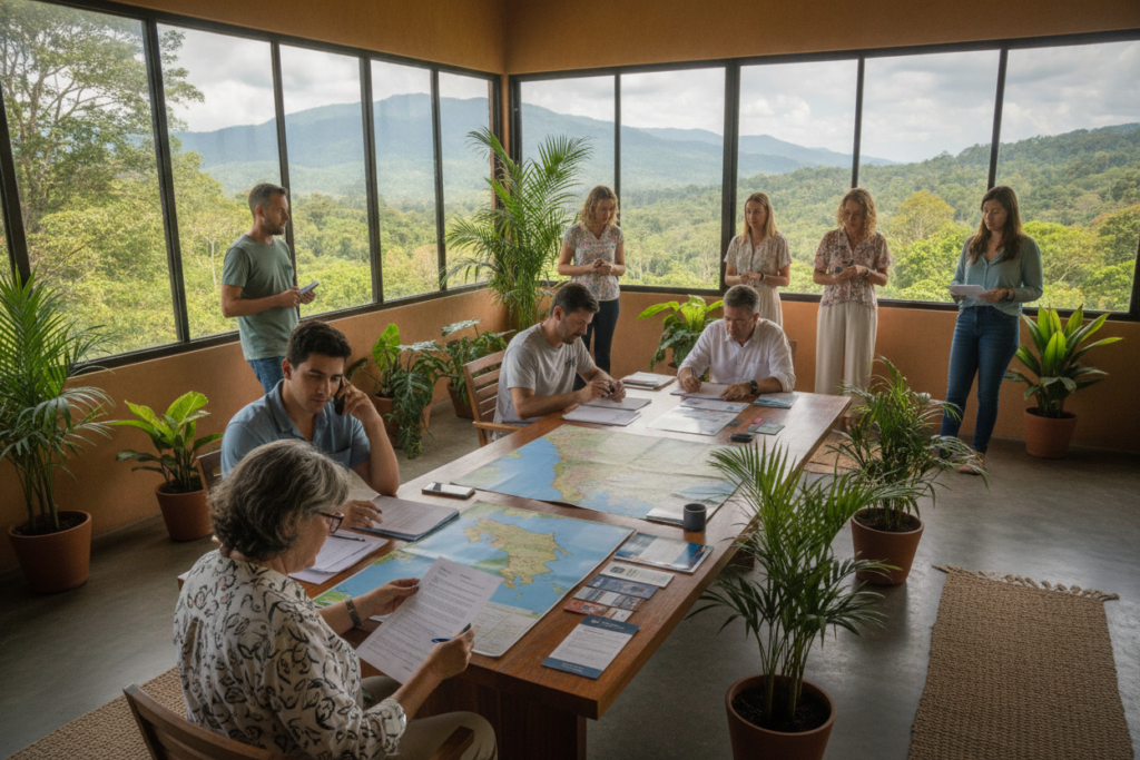A serene office setting in Costa Rica, featuring a diverse group of casually dressed professionals engaged in the process of navigating residency paperwork. In the foreground, a middle-aged woman with glasses attentively studies a large document, while a young man is on the phone, discussing immigration options. The middle ground includes a table with maps and brochures about Costa Rican residency, surrounded by potted tropical plants. In the background, large windows reveal a sunlit view of Costa Rica’s lush green landscape, enhancing the atmosphere of warmth and opportunity. The lighting is natural, with soft sunlight streaming in, creating an inviting and focused mood, ideal for discussing important residency steps.