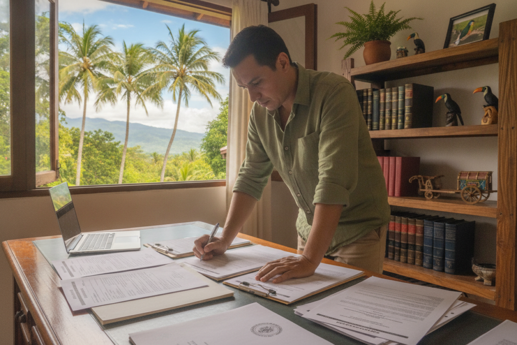 A serene office setting in Costa Rica, featuring a wooden desk covered with neatly arranged documents, forms, and a laptop, all depicting the process of preparing documents for residency. In the foreground, a person, casually dressed in a comfortable shirt and pants, is attentively reviewing the papers. The middle ground includes an open window showcasing a lush tropical landscape, with palm trees gently swaying in the light breeze under soft natural sunlight. The background hints at a cozy bookshelf filled with legal texts and Costa Rican culture-themed decor. The scene conveys a calm and focused atmosphere, emphasizing organization and attention to detail, ideal for anyone preparing important legal documents in a beautiful environment.