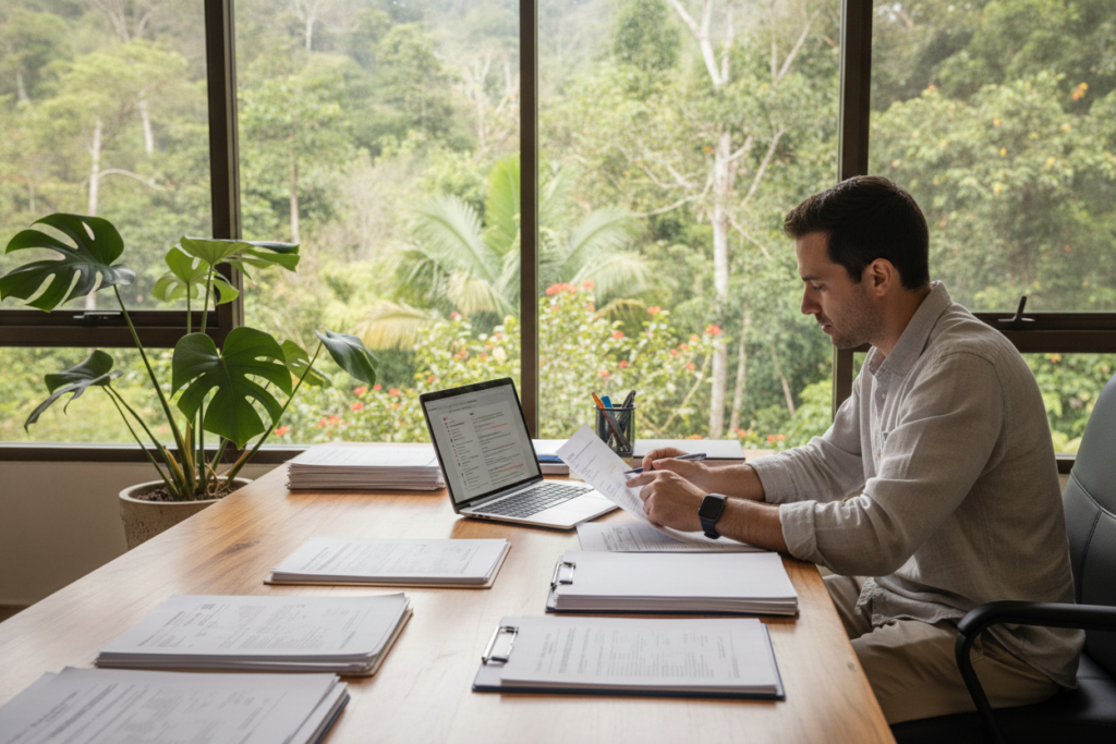 A serene office setting in Costa Rica, focused on a professional desk filled with documents and stationery for residency application preparation. In the foreground, a neatly organized stack of application forms, a laptop displaying a digital checklist, and a tropical plant add a touch of nature. In the middle, a casually dressed executive, focused and reviewing important paperwork, embodies an air of dedication and professionalism. The background features a large window with soft, natural light streaming in, showcasing lush Costa Rican greenery. The atmosphere is calm and productive, highlighting a strategic approach to avoid application pitfalls amid a vibrant yet tranquil workspace. The image captures a balance of professionalism and the relaxed vibe of Costa Rica. A serene office setting in Costa Rica, focused on a professional desk filled with documents and stationery for residency application preparation. In the foreground, a neatly organized stack of application forms, a laptop displaying a digital checklist, and a tropical plant add a touch of nature. In the middle, a casually dressed executive, focused and reviewing important paperwork, embodies an air of dedication and professionalism. The background features a large window with soft, natural light streaming in, showcasing lush Costa Rican greenery. The atmosphere is calm and productive, highlighting a strategic approach to avoid application pitfalls amid a vibrant yet tranquil workspace. The image captures a balance of professionalism and the relaxed vibe of Costa Rica.