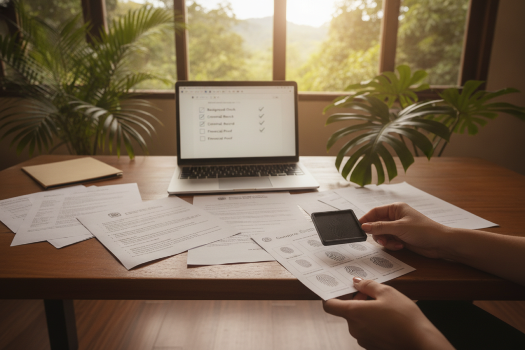 A serene office setting in Costa Rica, focusing on a wooden desk with important residency documents spread out, including background check papers and fingerprint cards. In the foreground, a pair of professional hands, gently holding a fingerprint ink pad, ready to take prints. The middle ground showcases a laptop displaying a checklist for background and criminal checks, with tropical plants softly framing the scene. The background features a sunlit window revealing lush Costa Rican greenery. The lighting is warm and natural, creating an inviting and professional atmosphere. The image conveys a sense of diligence and careful preparation, capturing the essence of the residency process.