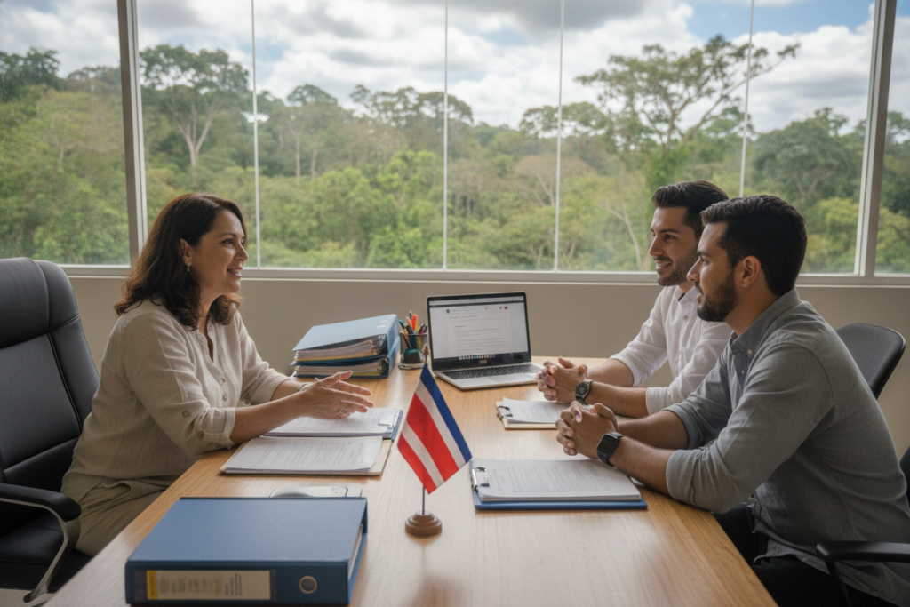 A serene office setting in Costa Rica, showcasing a diverse group of casual professionals discussing residency options. In the foreground, a middle-aged Costa Rican woman in smart casual attire provides guidance to a young couple. They appear engaged and hopeful. In the middle, a desk cluttered with residency documents, a small Costa Rican flag, and a laptop displaying the official immigration website create a sense of authenticity. The background features a large window with lush greenery visible, reflecting the vibrant natural beauty of Costa Rica. Soft, natural light pours in, enhancing the welcoming atmosphere. The camera angle is slightly elevated, capturing both the intensity of discussion and the calming environment, evoking a sense of reassurance about navigating residency statuses. A serene office setting in Costa Rica, showcasing a diverse group of casual professionals discussing residency options. In the foreground, a middle-aged Costa Rican woman in smart casual attire provides guidance to a young couple. They appear engaged and hopeful. In the middle, a desk cluttered with residency documents, a small Costa Rican flag, and a laptop displaying the official immigration website create a sense of authenticity. The background features a large window with lush greenery visible, reflecting the vibrant natural beauty of Costa Rica. Soft, natural light pours in, enhancing the welcoming atmosphere. The camera angle is slightly elevated, capturing both the intensity of discussion and the calming environment, evoking a sense of reassurance about navigating residency statuses.
