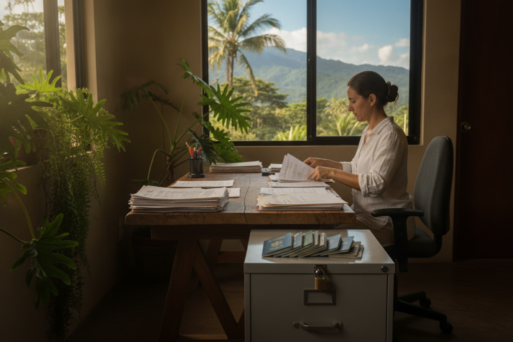 A serene office setting in Costa Rica, showcasing a rustic wooden desk piled with important documents and passports, symbolizing residency applications. In the foreground, a workplace with a locked file cabinet to emphasize document safety, illuminated by soft, natural light streaming through a large window adorned with green Costa Rican foliage. In the midground, a professional individual in modest casual attire, engaged in organizing papers, reflecting a sense of diligence and focus. The background features a calming tropical landscape visible through the window, conveying a sense of tranquility and security. The overall mood is one of professionalism mixed with the warmth of Costa Rican culture, emphasizing the importance of document safety and security in residency processes.