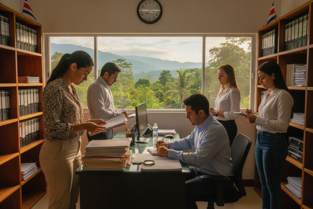 A serene office setting in Costa Rica, where a diverse group of professionals, dressed in smart casual attire, focuses on managing document validity for residency applications. In the foreground, a female expert reviews application papers with meticulous attention, while a male colleague on the side takes notes. The middle ground features a large window showing a lush tropical landscape, hinting at the vibrant surroundings. In the background, shelves filled with neatly organized files and a subtle Costa Rican flag create a supportive atmosphere. The lighting is warm and natural, showcasing the efficiency and dedication in the office, conveying a mood of professionalism and care, emphasizing the importance of timing and detail in residency applications.
