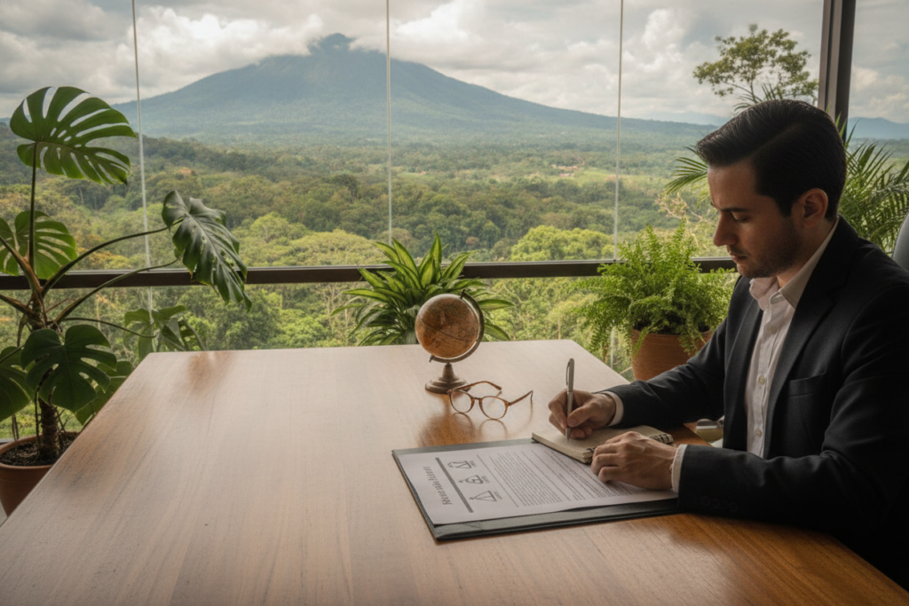 A serene office setting overlooking the vibrant Costa Rican landscape, featuring a large wooden desk with an open legal document, a pair of reading glasses, and a small globe. In the foreground, a professional individual dressed in business attire is writing notes, with a focus on the document that showcases legal symbols and guidelines. The middle ground shows a window with light filtering through, illuminating tropical plants that evoke a sense of tranquility and professionalism. The background captures a lush view of Costa Rica’s greenery and distant mountains under soft natural light. The atmosphere is calm and focused, instilling a sense of seriousness regarding legal considerations and official guidelines.