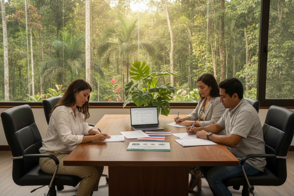 A serene office setting set in Costa Rica, reflecting the application process for the Costa Rica Frontier Worker Permit. In the foreground, a diverse group of three individuals—two women and one man—are seated at a wooden table, filling out forms and discussing their applications. The women are dressed in professional, casual attire, while the man wears modest casual clothing. The middle section features a spread of colorful documents, a laptop, and a tropical plant, hinting at the paperwork involved in the process. In the background, a large window reveals a lush green landscape, with sunlight streaming in, creating a warm and inviting atmosphere. The overall mood is focused yet optimistic, illustrating collaboration and support during the permit application journey.