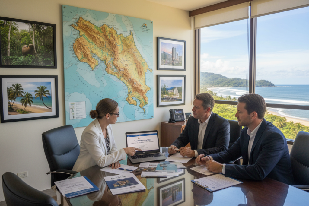A serene office setting showcasing a map of Costa Rica on a large wall, with images of lush rainforests, stunning beaches, and vibrant cityscapes prominently displayed. In the foreground, a diverse group of professionals—Caucasian individuals in business casual attire—engage in a discussion about residency options, with a laptop open to a webpage titled "Pura Vida Costa Rica". The middle layer features brochures and documents detailing various residency pathways spread out on a table. In the background, a large window reveals the coastal scenery of Costa Rica under bright, natural light, creating a warm and inviting atmosphere. The focus is clear and engaging, capturing a mood of optimism and opportunity for those considering residency in Costa Rica. A serene office setting showcasing a map of Costa Rica on a large wall, with images of lush rainforests, stunning beaches, and vibrant cityscapes prominently displayed. In the foreground, a diverse group of professionals—Caucasian individuals in business casual attire—engage in a discussion about residency options, with a laptop open to a webpage titled "Pura Vida Costa Rica". The middle layer features brochures and documents detailing various residency pathways spread out on a table. In the background, a large window reveals the coastal scenery of Costa Rica under bright, natural light, creating a warm and inviting atmosphere. The focus is clear and engaging, capturing a mood of optimism and opportunity for those considering residency in Costa Rica.