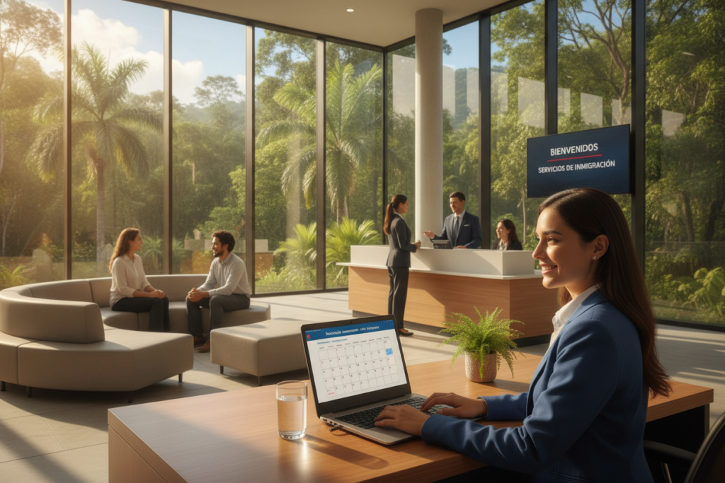 A serene office setup in a bright Costa Rican immigration office, with lush greenery visible through large windows. In the foreground, a professional-looking woman dressed in smart business attire, sitting at a desk and smiling as she navigates a laptop displaying a calendar application. On the middle ground, a modern, welcoming reception area with friendly staff members assisting clients. The background features a beautiful outdoor view of Costa Rica's vibrant landscapes, with palm trees and a clear blue sky. The lighting is natural and warm, creating a sense of calm and professionalism. The atmosphere feels organized and inviting, perfect for illustrating the steps to reschedule an immigration appointment.