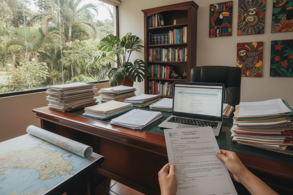 A serene office space in Costa Rica featuring a large wooden desk piled with official documents, a laptop open displaying legal forms, and a map of Costa Rica. In the foreground, a pair of hands is holding a Costa Rican residency application. The room is softly illuminated by natural light streaming through a large window, showcasing lush greenery outside. In the middle, a bookshelf filled with books about Costa Rican law and culture stands beside a potted plant. The background includes a decorative wall with vibrant local art, enhancing the inviting atmosphere. The mood is professional yet relaxed, encapsulating the essence of navigating the legal process in a beautiful tropical setting. A serene office space in Costa Rica featuring a large wooden desk piled with official documents, a laptop open displaying legal forms, and a map of Costa Rica. In the foreground, a pair of hands is holding a Costa Rican residency application. The room is softly illuminated by natural light streaming through a large window, showcasing lush greenery outside. In the middle, a bookshelf filled with books about Costa Rican law and culture stands beside a potted plant. The background includes a decorative wall with vibrant local art, enhancing the inviting atmosphere. The mood is professional yet relaxed, encapsulating the essence of navigating the legal process in a beautiful tropical setting.