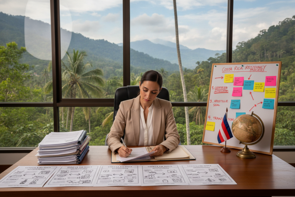 A serene office space in Costa Rica, featuring a wooden desk with neatly organized documents, including illustrated step-by-step guides on obtaining apostilles for residency. In the foreground, a professional woman in business attire reviews paperwork, exuding concentration and determination. In the middle, a corkboard displays colorful notes with key steps highlighted, while a globe and Costa Rican flag add a touch of local flavor. In the background, large windows let in natural light, illuminating the tropical landscape outside, complete with lush greenery and distant mountains. The atmosphere is calm and focused, inviting viewers to engage with the process illustrated in the image. The scene captures the essence of professionalism, clarity, and the beautiful Costa Rican environment.