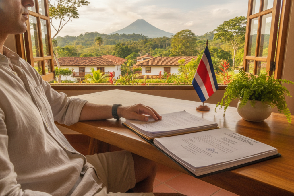 A serene office space in Costa Rica, showcasing a professional yet relaxed atmosphere. In the foreground, a casually dressed individual, representing a company representative, is reviewing important residency documents. They sit at a wooden desk adorned with a Costa Rican flag and a small potted plant. The middle ground features a large window allowing natural light to flood the room, highlighting lush green foliage outside. In the background, hints of local architecture and vibrant landscape can be seen, suggesting the rich culture of Costa Rica. The scene is well-lit, capturing the essence of a warm, inviting environment, emphasizing the theme of maintaining and renewing residency status in a picturesque setting.