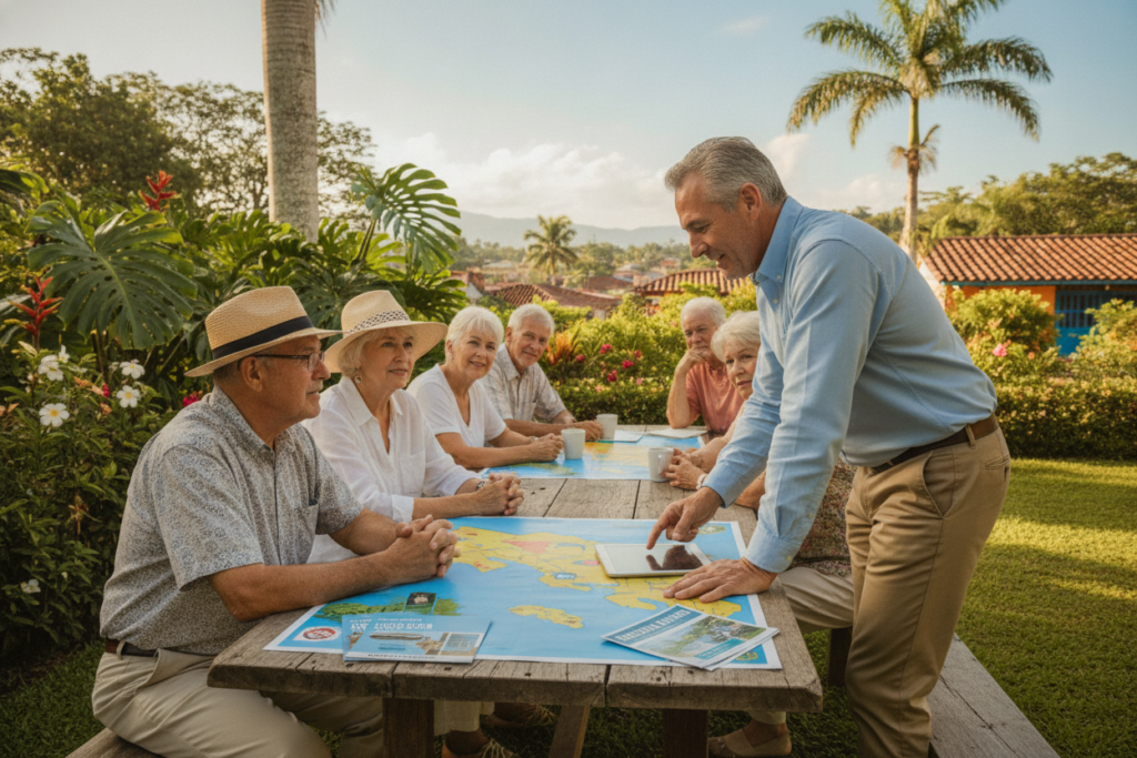 A serene outdoor healthcare consultation scene in Costa Rica, showcasing a diverse group of U.S. retirees gathered around a rustic wooden table in a lush garden filled with tropical plants. In the foreground, a friendly healthcare professional, dressed in a smart casual outfit, discusses Medicare options with an attentive couple, both casually dressed in comfortable clothing. In the middle ground, a colorful map of Costa Rica is displayed, along with brochures about healthcare. The background features a bright blue sky, swaying palm trees, and a glimpse of the vibrant local architecture. The scene is bathed in warm, natural light, creating an inviting and hopeful atmosphere, emphasizing the supportive nature of navigating healthcare decisions abroad. A serene outdoor healthcare consultation scene in Costa Rica, showcasing a diverse group of U.S. retirees gathered around a rustic wooden table in a lush garden filled with tropical plants. In the foreground, a friendly healthcare professional, dressed in a smart casual outfit, discusses Medicare options with an attentive couple, both casually dressed in comfortable clothing. In the middle ground, a colorful map of Costa Rica is displayed, along with brochures about healthcare. The background features a bright blue sky, swaying palm trees, and a glimpse of the vibrant local architecture. The scene is bathed in warm, natural light, creating an inviting and hopeful atmosphere, emphasizing the supportive nature of navigating healthcare decisions abroad.