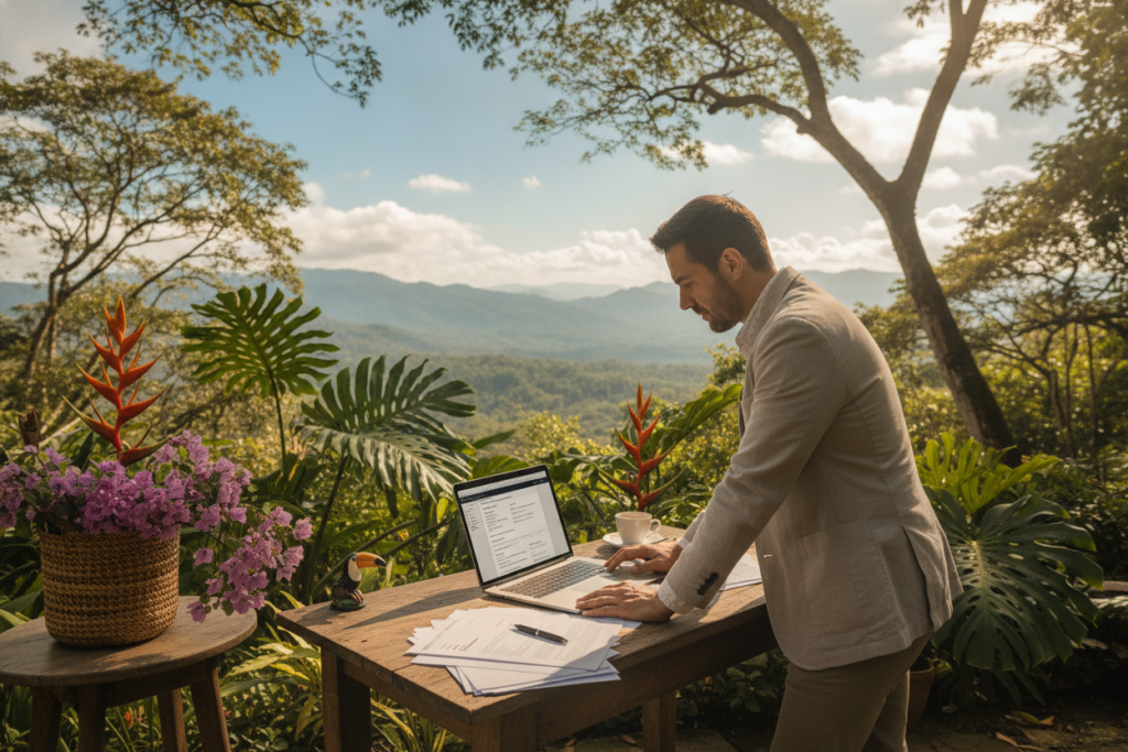 A serene outdoor office setting in Costa Rica, capturing the essence of obtaining a work permit. In the foreground, a professional individual dressed in modest business casual attire is reviewing documents on a laptop, showcasing determination and focus. The middle ground features lush tropical greenery and a workstation with colorful local flora, emphasizing the vibrant atmosphere of Costa Rica. The background reveals a stunning view of a mountain range under a bright blue sky with scattered clouds, symbolizing opportunities. The lighting is natural and warm, accentuating the feeling of motivation and hope. The composition is balanced, with a soft depth of field to create an inviting and inspiring mood, reflecting the significance of understanding work permits.