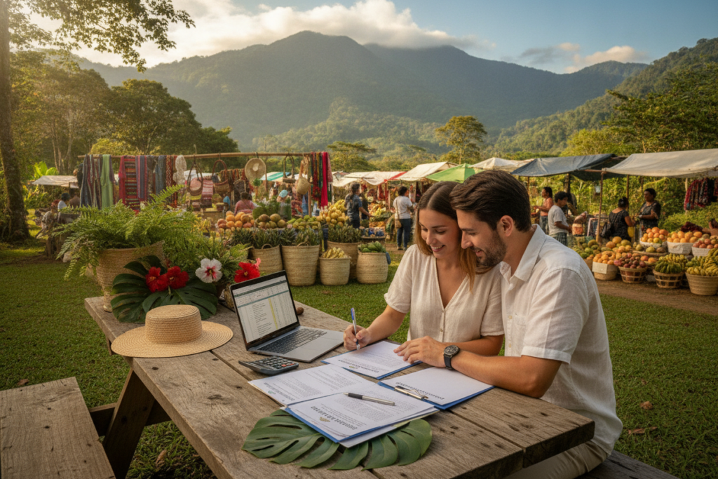 A serene outdoor scene capturing the essence of budgeting for residency fees in Costa Rica. In the foreground, a wooden picnic table is adorned with documents, a calculator, and a laptop, suggesting a financial planning session. A casually dressed couple, focused and engaged, reviews the paperwork while surrounded by lush greenery and tropical plants, embodying a relaxed yet diligent mood. In the middle ground, a picturesque view of a nearby vibrant market showcases traditional Costa Rican goods, hinting at the local economy and lifestyle. The background features rolling hills and distant mountains under a clear blue sky, illuminated by soft, natural sunlight, creating an inviting, peaceful atmosphere. The overall composition conveys a balanced and thoughtful approach to managing residency costs in this beautiful tropical setting. A serene outdoor scene capturing the essence of budgeting for residency fees in Costa Rica. In the foreground, a wooden picnic table is adorned with documents, a calculator, and a laptop, suggesting a financial planning session. A casually dressed couple, focused and engaged, reviews the paperwork while surrounded by lush greenery and tropical plants, embodying a relaxed yet diligent mood. In the middle ground, a picturesque view of a nearby vibrant market showcases traditional Costa Rican goods, hinting at the local economy and lifestyle. The background features rolling hills and distant mountains under a clear blue sky, illuminated by soft, natural sunlight, creating an inviting, peaceful atmosphere. The overall composition conveys a balanced and thoughtful approach to managing residency costs in this beautiful tropical setting.