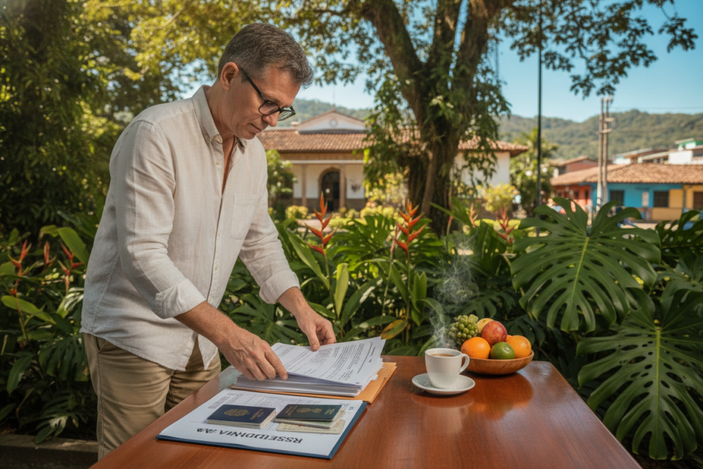A serene outdoor scene depicting a Costa Rican residency renewal appointment preparation. In the foreground, a casually dressed person, a middle-aged individual with glasses, is neatly organizing various documents, including application forms and identification, on a wooden table. In the middle ground, vibrant green tropical plants provide a lush backdrop, with a blurred image of the Costa Rican consulate or office visible. The background features a clear blue sky and hints of colorful local architecture. Soft, natural sunlight filters through the leaves, creating a warm and welcoming atmosphere. The image should evoke a sense of calm and focus, emphasizing the importance of preparation for the appointment.