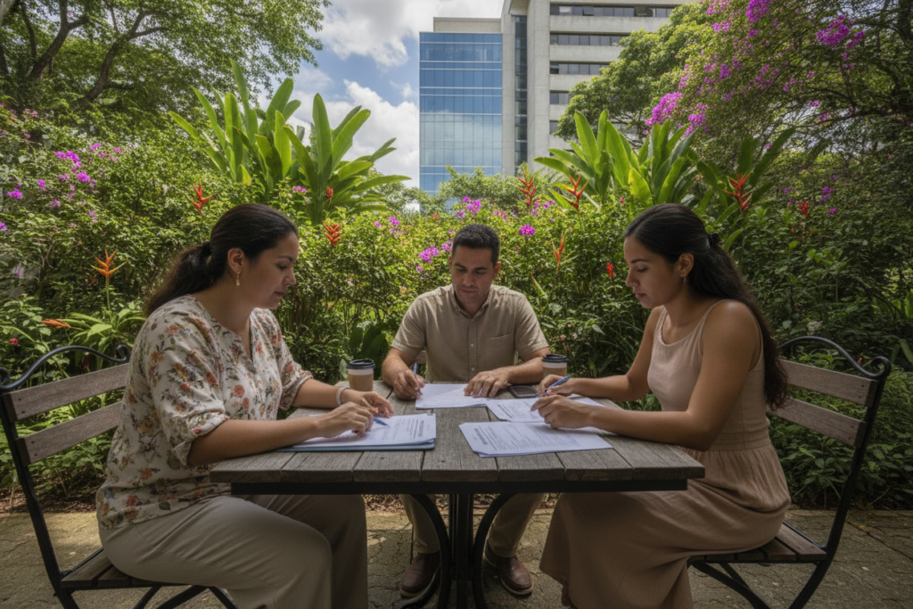 A serene outdoor scene depicting a casual yet professional setting in Costa Rica for work permit renewal. In the foreground, a diverse group of three people, dressed in modest casual clothing, are engaged in conversation over paperwork at a small outdoor café table. The middle ground features lush tropical greenery and colorful native flowers, creating a vibrant atmosphere, with a glimpse of a modern office building faintly visible in the background. The scene is bathed in warm, natural light, casting soft shadows, enhancing the inviting ambiance. The overall mood is relaxed yet focused, reflecting the significance of work permit renewal in a friendly Costa Rican environment.