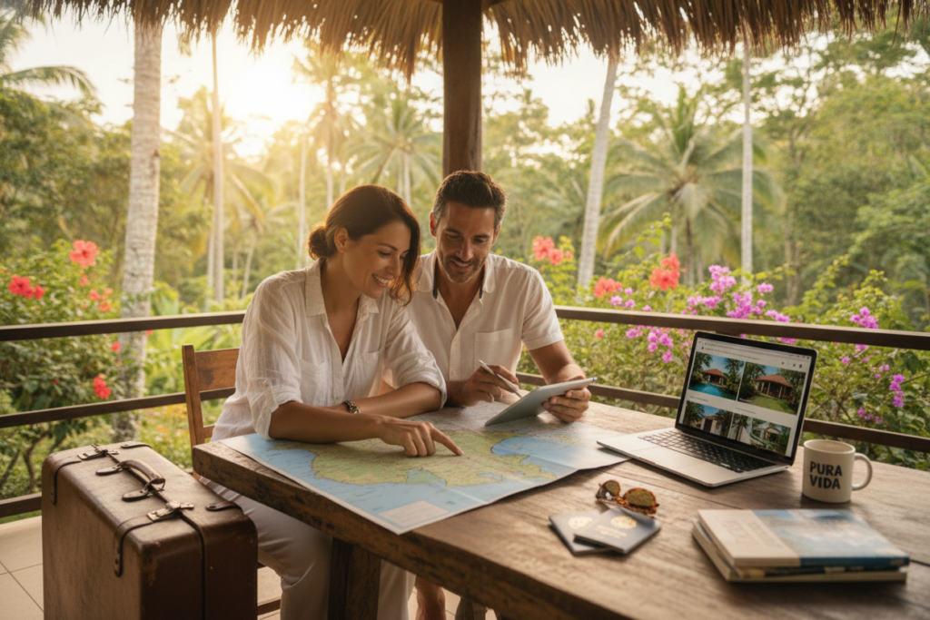 A serene outdoor scene depicting practical steps for relocation in Costa Rica. In the foreground, a friendly couple, dressed in casual clothing, reviews a map while sitting at a rustic wooden table. The couple's expressions convey excitement and determination. In the middle, essential relocation items such as a suitcase, passport, and a laptop opened to an online housing listing are scattered on the table. The background showcases lush greenery typical of Costa Rica, with palm trees and colorful flowers under bright, natural sunlight. The atmosphere feels warm and inviting, highlighting the idea of adventure and new beginnings in a harmonious setting. Capture this scene from a slightly elevated angle to emphasize the couple and their task while ensuring the beauty of Costa Rica's landscape is fully visible.