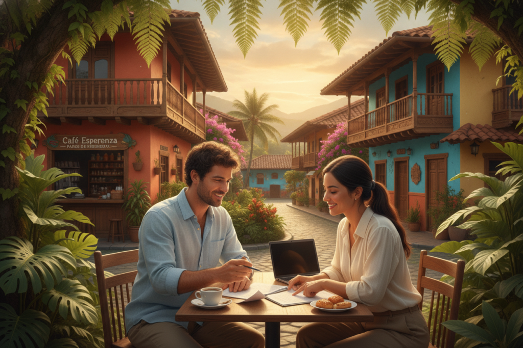 A serene outdoor scene depicting the next steps for Costa Rica residency applicants, focused on a couple engaged in conversation at a cozy café in a lush green environment. In the foreground, the couple, dressed in modest casual clothing, is reviewing paperwork laid out on the table. The middle ground features beautiful tropical plants and a vibrant view of Costa Rican architecture, with wooden accents and bright colors. In the background, a softly lit sky during golden hour casts a warm glow over the scene, lending a hopeful and inviting atmosphere. The image should convey a sense of professionalism yet warmth, highlighting the journey of applying for residency in Costa Rica. A serene outdoor scene depicting the next steps for Costa Rica residency applicants, focused on a couple engaged in conversation at a cozy café in a lush green environment. In the foreground, the couple, dressed in modest casual clothing, is reviewing paperwork laid out on the table. The middle ground features beautiful tropical plants and a vibrant view of Costa Rican architecture, with wooden accents and bright colors. In the background, a softly lit sky during golden hour casts a warm glow over the scene, lending a hopeful and inviting atmosphere. The image should convey a sense of professionalism yet warmth, highlighting the journey of applying for residency in Costa Rica.