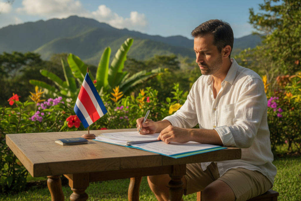 A serene outdoor scene in Costa Rica depicting a professional, casually dressed individual sitting at a wooden table, reviewing residency application documents with a contemplative expression. In the foreground, focus on the person, their paperwork spread out, showing a small Costa Rican flag beside them. In the middle ground, include a lush tropical garden with vibrant greenery and colorful flowers, typical of Costa Rican landscapes, evoking a sense of calm. The background features distant mountains under a clear blue sky, softly lit by warm, natural sunlight. Capture the mood of anticipation and optimism, illustrating the theme of managing expectations during a residency application process in this vibrant yet tranquil setting.