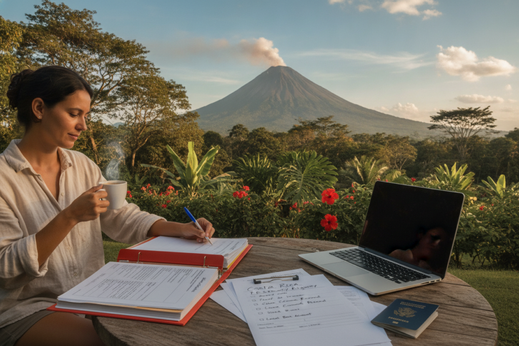 A serene outdoor scene in Costa Rica depicting a relaxed atmosphere for residency requirements. In the foreground, a table is laid out with important documents and a laptop, symbolizing the application process. To the left, a casually dressed individual reviews a checklist with eligibility criteria while sipping coffee, exuding a calm, focused demeanor. The middle ground features lush tropical plants and a beautiful view of a distant volcano, bathed in warm, natural light. In the background, a clear blue sky contrasts with the greenery, enhancing the inviting and peaceful mood of the environment. The composition focuses on clarity and organization, showcasing the essence of transitioning to residency in Costa Rica.