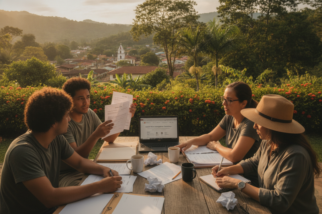 A serene outdoor scene in Costa Rica depicting common pitfalls in residency applications. In the foreground, a diverse group of casually dressed individuals, one examining paperwork with a puzzled expression, another offering guidance, and a third taking notes. In the middle ground, a desk cluttered with application forms, coffee cups, and a laptop showing relevant information. The background features lush green foliage and a picturesque view of a Costa Rican village, bathed in warm, natural light. The atmosphere is inviting yet focused, emphasizing collaboration and problem-solving. The image captures a sense of community support and guidance in navigating residency challenges, radiating warmth and clarity.