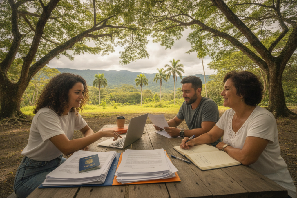 A serene outdoor scene in Costa Rica depicting practical tips for residency applications. In the foreground, a diverse group of three casually dressed individuals, one with a laptop and another with a clipboard, engaged in discussion. The middle ground features a table with organized documents, highlighting key items like passport copies, proof of income, and application forms, under the soft, natural light filtering through lush green trees. The background illustrates a tranquil Costa Rican landscape with palm trees and distant mountains, evoking a hopeful and positive atmosphere. The composition captures a sense of collaboration and clarity, emphasizing the themes of guidance and preparation in a smooth residency application journey.