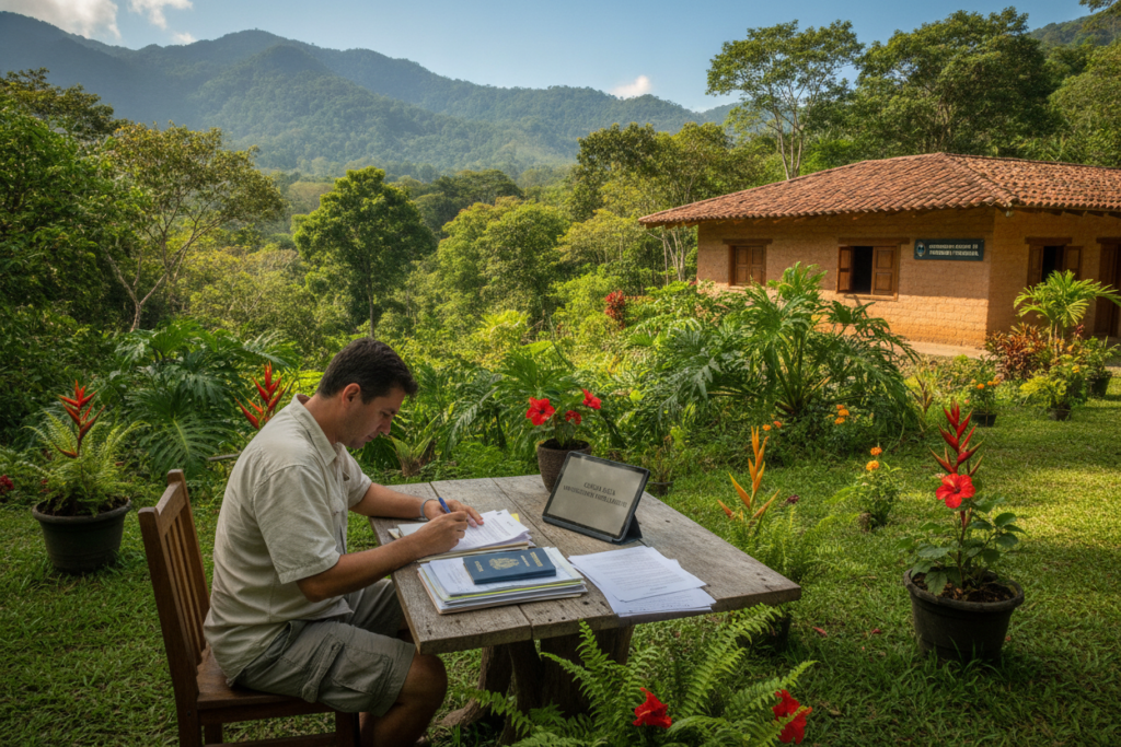 A serene outdoor scene in Costa Rica depicting steps to fix an overstay situation. In the foreground, a casually dressed person, focused and determined, is reviewing travel documents and local regulations on a wooden table. In the middle ground, a lush green landscape typical of Costa Rica, featuring vibrant tropical plants and a hint of distant mountains under a clear blue sky. To the background, a traditional Costa Rican building representing an immigration office, subtly blending with the natural environment. Soft, natural lighting illuminates the scene, creating a calm and hopeful atmosphere, ideal for addressing issues of overstaying a visa. Use a wide-angle lens perspective to emphasize the openness and tranquility of the surroundings. A serene outdoor scene in Costa Rica depicting steps to fix an overstay situation. In the foreground, a casually dressed person, focused and determined, is reviewing travel documents and local regulations on a wooden table. In the middle ground, a lush green landscape typical of Costa Rica, featuring vibrant tropical plants and a hint of distant mountains under a clear blue sky. To the background, a traditional Costa Rican building representing an immigration office, subtly blending with the natural environment. Soft, natural lighting illuminates the scene, creating a calm and hopeful atmosphere, ideal for addressing issues of overstaying a visa. Use a wide-angle lens perspective to emphasize the openness and tranquility of the surroundings.