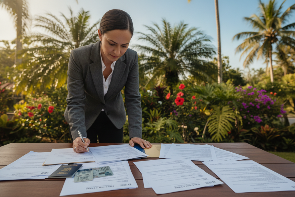 A serene outdoor scene in Costa Rica, featuring a wooden table covered with essential documents for residency application, such as forms, identification, and proof of address. In the foreground, a focused professional in business attire, examining the documents, showcasing determination and diligence. The middle ground has a lush garden with tropical plants and colorful flowers, symbolizing the vibrant essence of Costa Rica. In the background, a clear blue sky framed by palm trees completes the landscape. Natural light bathes the scene, creating a warm and inviting atmosphere. The angle is slightly elevated, capturing the professionalism and careful preparation necessary before submitting residency applications, while remaining tightly focused on the table and the individual with slightly blurred surroundings to emphasize the importance of the task at hand.