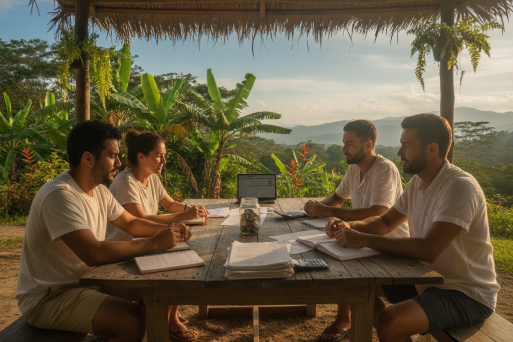 A serene outdoor scene in Costa Rica representing budget considerations for immigrants. In the foreground, a diverse group of casually dressed individuals gathered around a wooden table, reviewing documents and discussing finances, with notebooks and calculators visible. In the middle ground, a picturesque view of lush greenery and tropical plants, symbolizing the beauty of the locale. The background showcases a clear blue sky and a few distant mountains, enhancing the natural ambiance. The lighting is warm and natural, reminiscent of a sunny afternoon, with soft shadows cast over the scene. The atmosphere should feel friendly and collaborative, reflecting a sense of community and practicality.
