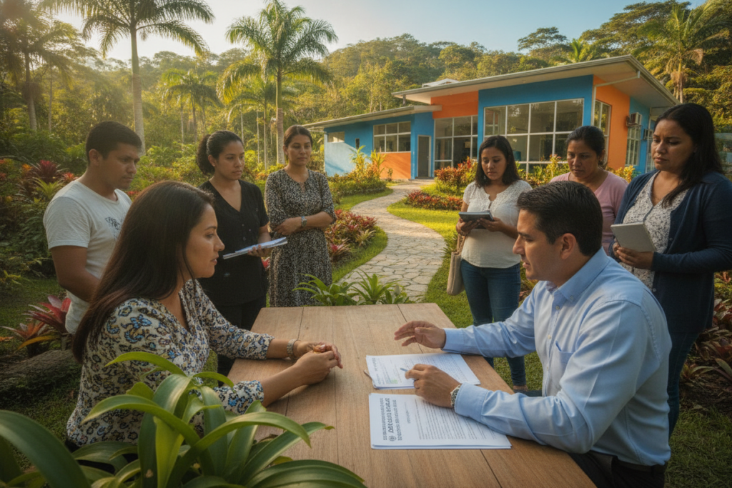 A serene outdoor scene in Costa Rica, showcasing a diverse group of individuals engaged in a discussion about healthcare options, including CAJA. In the foreground, two professionals in smart casual attire (one wearing a light button-up shirt and the other in a tailored blouse) are reviewing documents regarding health coverage while seated at a wooden table surrounded by lush greenery. In the middle ground, a gentle pathway leads towards a modern healthcare clinic visible in bright, welcoming colors. The background features tropical plants and palm trees under a clear blue sky, with soft natural light casting warm highlights. The atmosphere is collaborative and informative, evoking a sense of community health awareness and understanding. Photorealistic representation with an emphasis on warm colors and inviting textures. A serene outdoor scene in Costa Rica, showcasing a diverse group of individuals engaged in a discussion about healthcare options, including CAJA. In the foreground, two professionals in smart casual attire (one wearing a light button-up shirt and the other in a tailored blouse) are reviewing documents regarding health coverage while seated at a wooden table surrounded by lush greenery. In the middle ground, a gentle pathway leads towards a modern healthcare clinic visible in bright, welcoming colors. The background features tropical plants and palm trees under a clear blue sky, with soft natural light casting warm highlights. The atmosphere is collaborative and informative, evoking a sense of community health awareness and understanding. Photorealistic representation with an emphasis on warm colors and inviting textures.