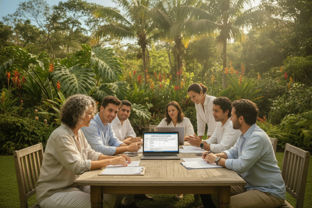 A serene outdoor scene of a diverse group of individuals working together at a wooden table in a lush garden in Costa Rica, surrounded by tropical plants and vibrant flowers. In the foreground, a middle-aged woman is reviewing documents, while a young man assists her with a laptop open, displaying application forms. In the background, a soft focus of palm trees and a bright blue sky suggest a peaceful atmosphere. Warm, natural sunlight filters through the leaves, casting gentle shadows on the table. The ambiance is collaborative and hopeful, emphasizing community and support in navigating the residency application process. The individuals are dressed casually in professional-casual attire, reflecting the relaxed yet productive spirit of Costa Rica.