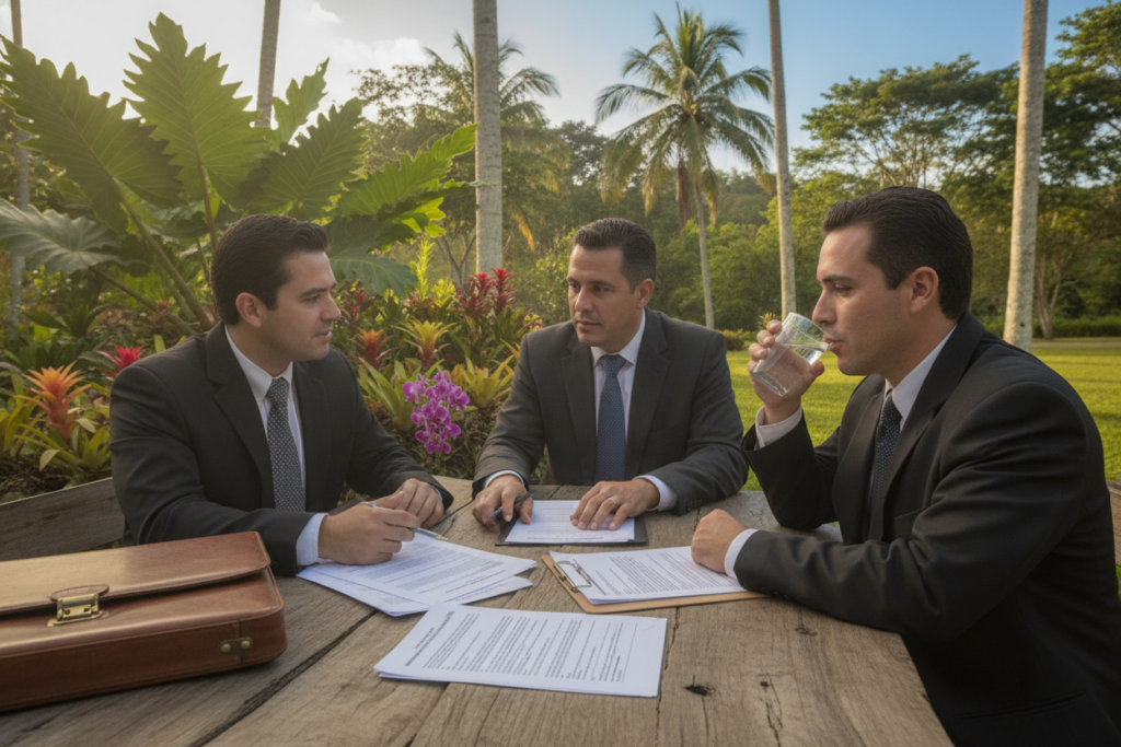 A serene outdoor scene set in Costa Rica that illustrates the Power of Attorney process and requirements for immigration. In the foreground, a diverse group of three individuals in professional business attire discuss documents at a rustic wooden table adorned with papers and a legal briefcase. In the middle ground, lush tropical greenery and a vibrant, blooming garden reflect Costa Rica's natural beauty. The background features a clear blue sky and soft, diffused sunlight filtering through palm trees, creating a warm and inviting atmosphere. The overall mood is collaborative and informative, emphasizing professionalism and trust in legal processes. The image captures a moment of connection and clarity in a picturesque Costa Rican setting, with no text or distractions present.