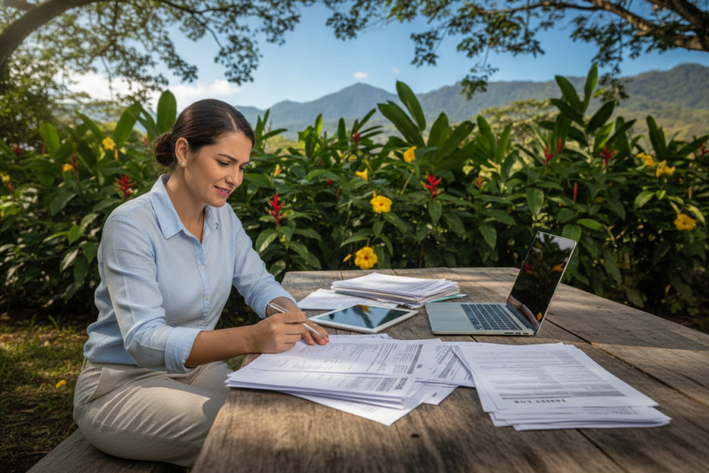A serene outdoor setting in Costa Rica, featuring a professional individual seated at a rustic wooden table adorned with documents and a laptop, symbolizing the process of navigating tax and regulatory considerations. In the foreground, the person, dressed in smart casual attire, is reviewing forms and charts. The middle ground includes lush green foliage typical of Costa Rica, with hints of tropical flowers. The background reveals a soft focus of distant mountains under a bright blue sky, conveying a sense of optimism. The scene is illuminated by natural sunlight filtering through tree leaves, creating a warm and inviting atmosphere. The angle is slightly tilted downwards to capture both the individual and the captivating surroundings, enhancing the professional yet relaxed vibe. A serene outdoor setting in Costa Rica, featuring a professional individual seated at a rustic wooden table adorned with documents and a laptop, symbolizing the process of navigating tax and regulatory considerations. In the foreground, the person, dressed in smart casual attire, is reviewing forms and charts. The middle ground includes lush green foliage typical of Costa Rica, with hints of tropical flowers. The background reveals a soft focus of distant mountains under a bright blue sky, conveying a sense of optimism. The scene is illuminated by natural sunlight filtering through tree leaves, creating a warm and inviting atmosphere. The angle is slightly tilted downwards to capture both the individual and the captivating surroundings, enhancing the professional yet relaxed vibe.