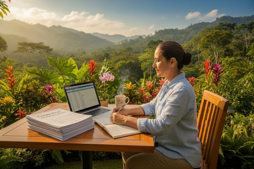 A serene outdoor setting in Costa Rica, featuring a well-maintained wooden table with a laptop, a stack of application forms, and a steaming cup of coffee, capturing the essence of remote work. In the foreground, a casually dressed individual, a middle-aged Hispanic woman, is focused on her laptop, taking notes on a notepad, embodying determination and professionalism. The middle ground includes lush green tropical plants and colorful flowers, commonly found in Costa Rica, adding vibrancy to the scene. The background showcases rolling hills and bright blue skies, with natural sunlight illuminating the entire scene, creating a warm and inviting atmosphere. The mood conveys encouragement and support, reflecting guidance for applicants in a relaxed, yet productive environment.