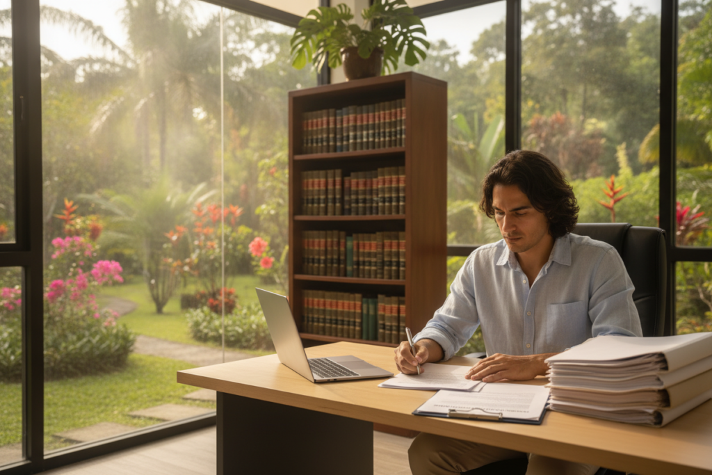 A serene outdoor setting in Costa Rica, focusing on a sunlit legal office with large windows displaying lush tropical foliage. In the foreground, a professional-looking individual in casual yet respectful attire reviews documents on a wooden table, displaying a look of concentration. In the middle ground, shelves lined with legal books and a potted plant add a touch of warmth to the atmosphere. The background reveals a peaceful view of a vibrant garden, accented by colorful flowers and palm trees, enveloped in natural light. The overall mood is calm and focused, emphasizing the importance of careful navigation through the legal residency process in a beautiful Costa Rican environment, captured in high resolution with soft lighting and a slight depth of field.