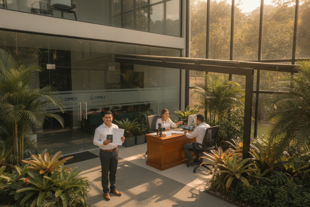 A serene outdoor setting in Costa Rica showcasing a DIMEX photo verification appointment. In the foreground, a professionally dressed individual, holding documents and smiling, stands near a modern office building with the DIMEX logo subtly visible. In the middle ground, a friendly receptionist at a desk assists another individual, both engaged in conversation. Natural light filters through large windows, creating a warm and inviting atmosphere. Tropical plants frame the scene, adding verdant greenery to the backdrop. The overall mood is friendly and professional, suggesting a smooth appointment process. Capture this scene from a slightly elevated angle to provide a comprehensive view of the interaction, while maintaining photorealism and clarity.