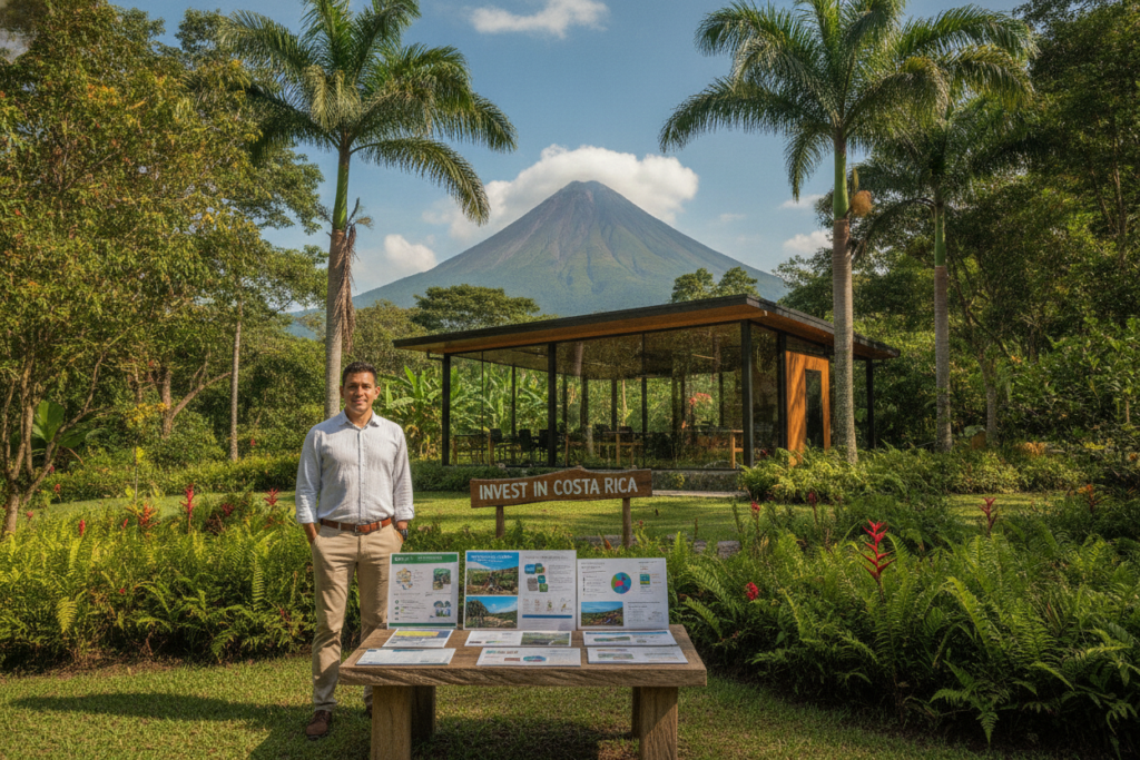 A serene outdoor setting in Costa Rica, showcasing a diverse array of investment options for residency. In the foreground, a professional-looking individual of Hispanic descent, casually dressed in light clothing, stands at a low wooden table filled with brochures and diagrams about business investments. The middle ground features lush tropical plants and a vibrant view of a modern co-working space nestled among palm trees. In the background, the striking silhouette of the famous Arenal Volcano under a clear blue sky contributes to the picturesque scene. Soft, natural light bathes the entire environment, creating a warm and inviting atmosphere. The composition is captured from a slightly elevated angle, conveying a sense of exploration and opportunity in Costa Rica's unique investment landscape.