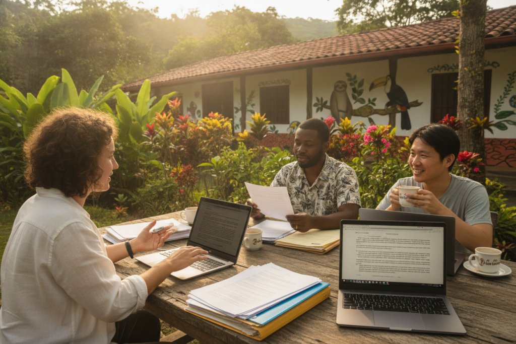 A serene outdoor setting in Costa Rica, showcasing a group of diverse expats and tourists engaging in a friendly discussion over legal rights. In the foreground, three individuals casually dressed, representing different ethnic backgrounds, are seated at a rustic wooden table with laptops, legal documents, and Costa Rican coffee cups. The middle ground features lush tropical foliage and vibrant flowers, with a glimpse of a traditional Costa Rican building in the background, decorated with colorful murals. Soft, natural lighting enhances the warm atmosphere, reminiscent of a sunny afternoon. The composition should have a slightly elevated angle, capturing the camaraderie and focus of the group, conveying a sense of community and support in navigating legal rights in Costa Rica. A serene outdoor setting in Costa Rica, showcasing a group of diverse expats and tourists engaging in a friendly discussion over legal rights. In the foreground, three individuals casually dressed, representing different ethnic backgrounds, are seated at a rustic wooden table with laptops, legal documents, and Costa Rican coffee cups. The middle ground features lush tropical foliage and vibrant flowers, with a glimpse of a traditional Costa Rican building in the background, decorated with colorful murals. Soft, natural lighting enhances the warm atmosphere, reminiscent of a sunny afternoon. The composition should have a slightly elevated angle, capturing the camaraderie and focus of the group, conveying a sense of community and support in navigating legal rights in Costa Rica.