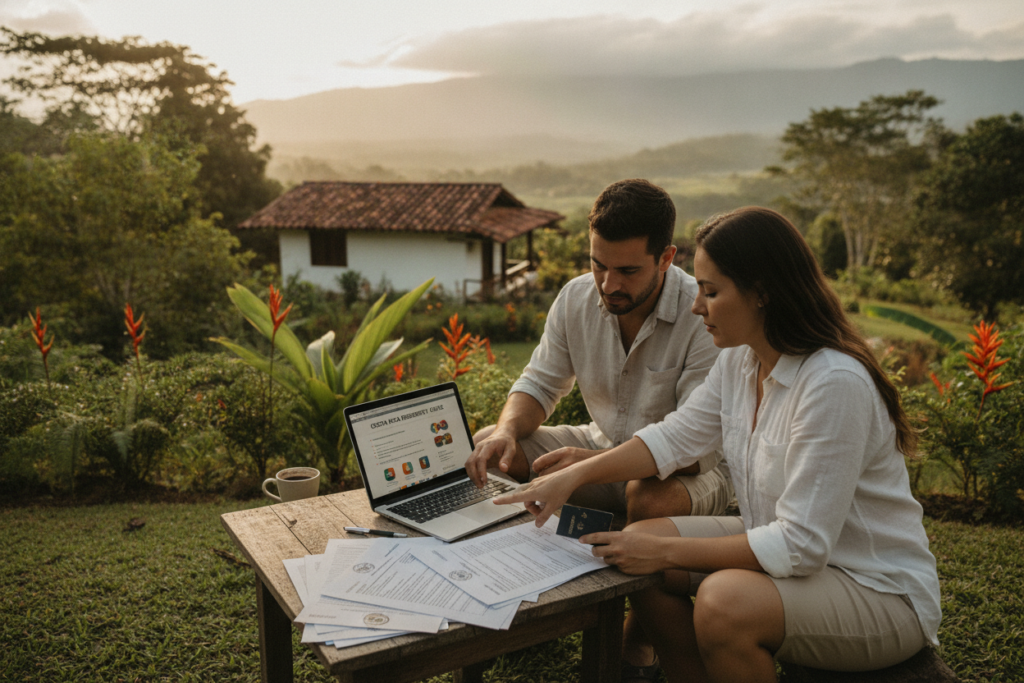 A serene outdoor setting in Costa Rica, showcasing a small coffee table adorned with a stack of residency application forms. In the foreground, an open laptop displays a detailed guide on navigating the application process. A modestly dressed couple in casual summer attire, looking focused and engaged, are seated beside the table, reviewing their documents. Lush green vegetation surrounds the scene, with hints of tropical flowers peeking through. In the background, the soft silhouette of a traditional Costa Rican home and distant mountains can be seen, bathed in warm, natural sunlight. The overall atmosphere conveys a sense of hope and determination, capturing the essence of a supportive environment for prospective applicants.