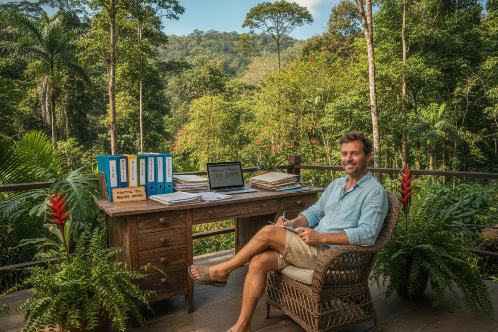A serene outdoor setting in Costa Rica, showcasing an open-air workspace with a rustic wooden desk filled with files and documents related to residency reporting. In the foreground, a casually dressed individual, representing a foreign national, reviews paperwork, looking focused yet relaxed, seated on a comfortable chair. In the middle ground, subtle plants and tropical flowers add a touch of local flora, enhancing the vibrant and inviting atmosphere. The background features a glimpse of lush Costa Rican greenery under bright natural light, with soft shadows creating a warm, welcoming mood. The scene captures a blend of professionalism and the tranquil essence of Costa Rica, emphasizing practical tips for managing residency reporting.