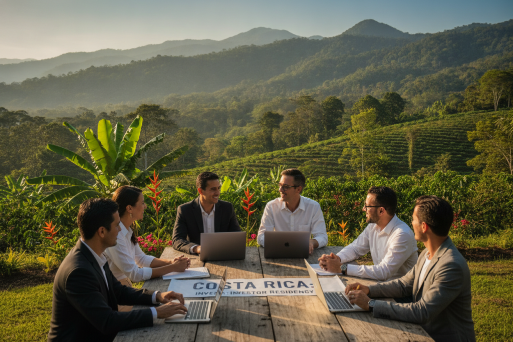 A serene outdoor setting in Costa Rica showcasing the steps to secure investor residency through a business. In the foreground, a diverse group of professionals dressed in smart casual attire is gathered around a rustic wooden table with laptops and documents, engaged in discussions. The middle ground features lush tropical vegetation and a nearby coffee plantation, adding an element of local culture and investment opportunity. In the background, a picturesque view of mountains and a clear blue sky illuminated by warm natural light creates an inviting atmosphere. The scene evokes a sense of collaboration and optimism, with soft shadows enhancing the photorealistic quality, captured with a slight depth of field to focus on the group while subtly framing the beautiful landscape.