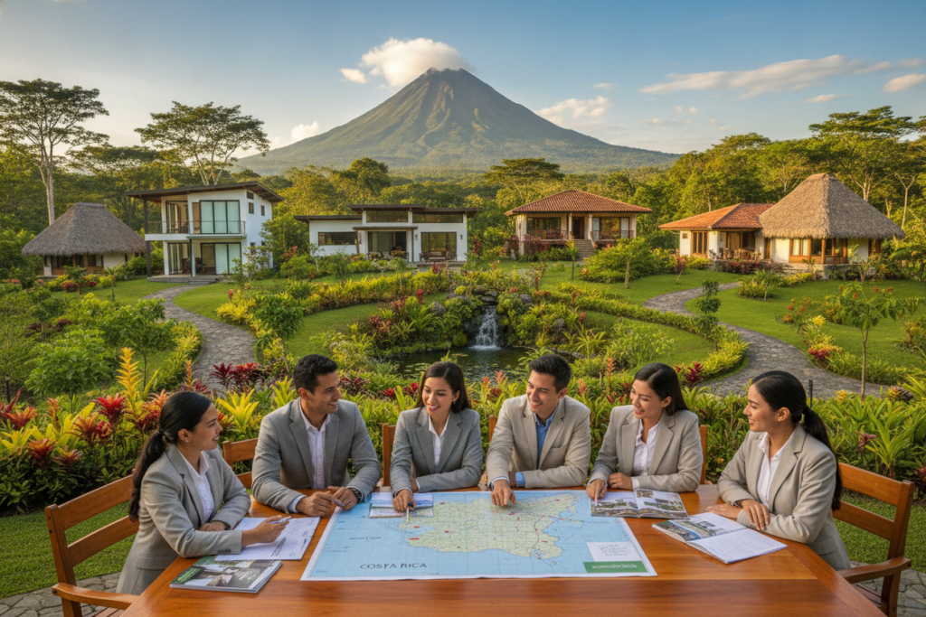 A serene outdoor setting in Costa Rica, showcasing various residency options. In the foreground, a diverse group of individuals dressed in professional business attire discussing plans over a table filled with maps and brochures. The middle of the scene features a lush tropical garden with colorful flowers, symbolizing the vibrant culture and environment of Costa Rica. In the background, a stunning view of the iconic Arenal Volcano and clear blue skies, bathed in natural lighting that enhances the greenery. The perspective is slightly elevated, allowing for a wide-angle view that captures the essence of residency options in this beautiful country. The atmosphere is inviting and hopeful, reflecting the opportunities and potential for newcomers.