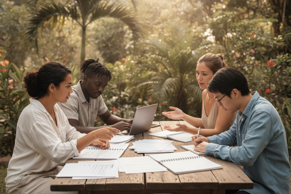A serene outdoor study scene in Costa Rica, focused on a diverse group of four young professionals gathering around a wooden table covered with application documents, laptops, and notepads. In the foreground, a Hispanic woman in modest casual attire highlights a specific application tip with a pen, while an African American man reviews resumes. In the middle, a Caucasian woman offers insights, and an Asian man takes notes attentively. The background features lush greenery, with soft, natural sunlight filtering through leaves, creating a warm and inviting atmosphere. The image captures a collaborative and supportive mood, reflecting camaraderie among peers in the residency application process.