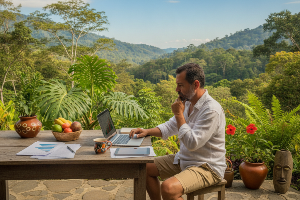 A serene outdoor workspace in Costa Rica, featuring a table with a laptop and documents spread out, symbolizing an investor's limited work environment. In the foreground, a casually dressed professional, a middle-aged man of Latin descent, is focused on his laptop, with a thoughtful expression. The middle ground includes lush tropical plants and a few traditional Costa Rican elements like a ceramic coffee cup next to the laptop, hinting at a relaxed yet productive atmosphere. The background reveals distant rolling hills under a bright blue sky with soft, natural lighting illuminating the scene, creating a warm, inviting mood. This scene encapsulates the duality of work opportunities and limitations for investor residents in Costa Rica. A serene outdoor workspace in Costa Rica, featuring a table with a laptop and documents spread out, symbolizing an investor's limited work environment. In the foreground, a casually dressed professional, a middle-aged man of Latin descent, is focused on his laptop, with a thoughtful expression. The middle ground includes lush tropical plants and a few traditional Costa Rican elements like a ceramic coffee cup next to the laptop, hinting at a relaxed yet productive atmosphere. The background reveals distant rolling hills under a bright blue sky with soft, natural lighting illuminating the scene, creating a warm, inviting mood. This scene encapsulates the duality of work opportunities and limitations for investor residents in Costa Rica.