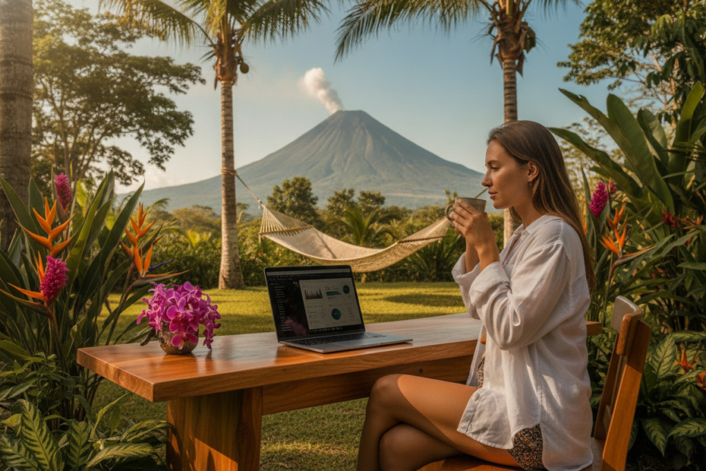 A serene outdoor workspace in Costa Rica, featuring a wooden desk with a laptop, surrounded by lush tropical foliage and vibrant flowers. In the foreground, a casually dressed digital nomad, a young woman in a light, comfortable shirt and shorts, is focused on her work while sipping coffee. In the middle ground, a hammock hangs between two palm trees, symbolizing relaxation and balance. The background captures a stunning view of a distant volcano under a clear blue sky. Soft, natural light filters through the leaves, creating a warm and inviting atmosphere. A subtle breeze rustles the foliage, adding a touch of tranquility to the environment, embodying the essence of a digital nomad's lifestyle in Costa Rica.